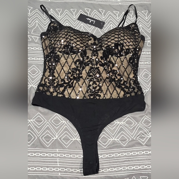Lulus Tops - Lulu's Purely Passionate Beige And Black Sequin Bodysuit Size Medium